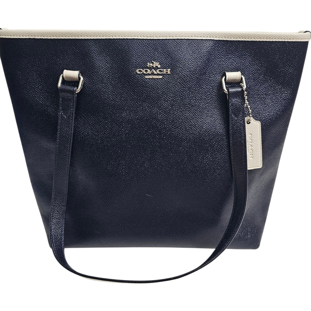 Coach Navy White Zip Top Tote in Crossgrain Leather